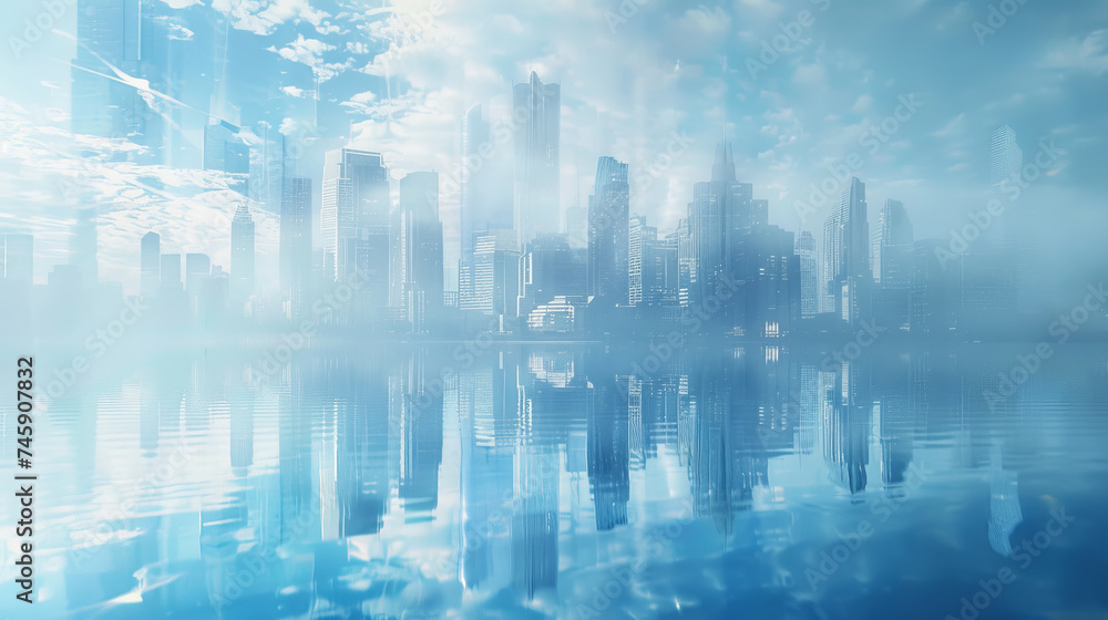 Futuristic city with blue reflections on water. Futuristic city with blue reflections on water.