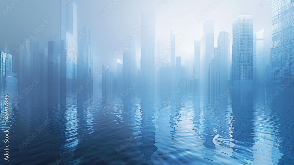 Futuristic city with blue reflections on water. - obrazy, fototapety, plakaty 
