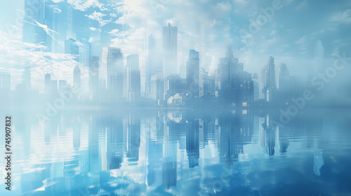 Futuristic city with blue reflections on water.