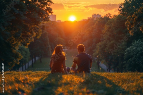 Man and Woman Sitting in Field at Sunset