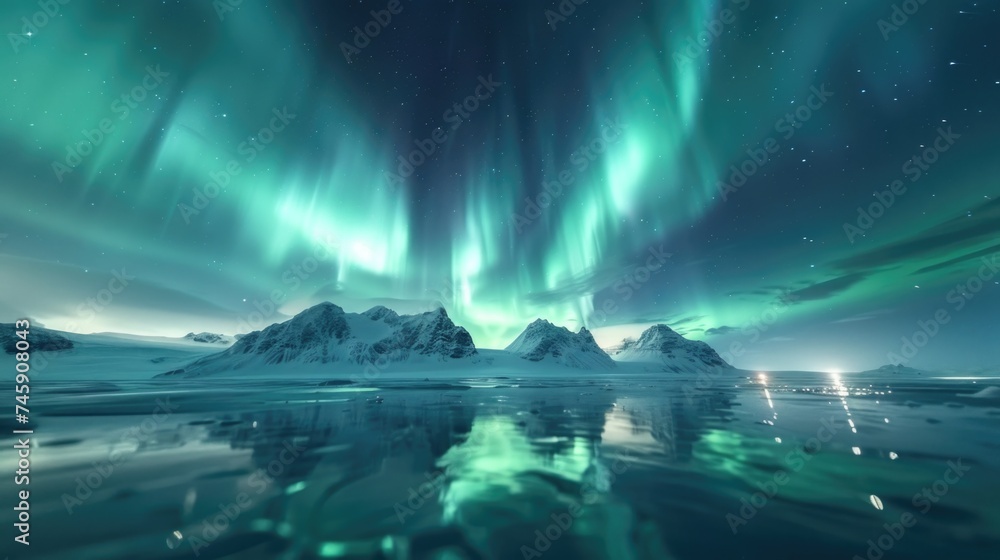 Ethereal Northern Lights Dance: A Canvas of Green and Blue Above Icy Terrain