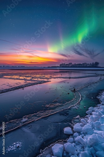 Aurora Borealis Over Frozen Landscape: Vibrant Greens and Blues Reflecting on Ice © Landscape Planet