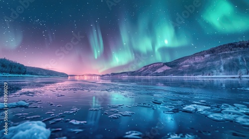 Nocturnal Magic  Aurora Borealis Reflections on a Frozen Landscape s Icy Surface