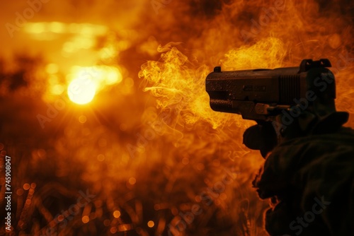 Person Holding Gun in Front of Fire