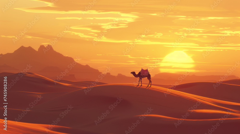 A camel stands on an open desert at sunset.