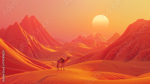 A camel stands on an open desert at sunset.