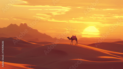 A camel stands on an open desert at sunset. © imlane
