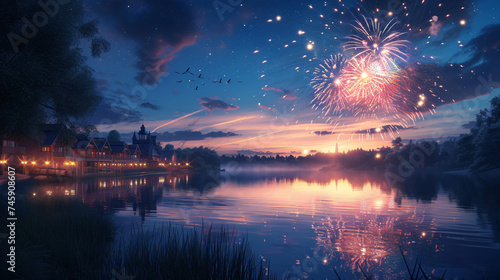 A burst of fireworks above a calm lake. #745908607