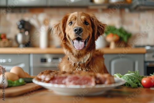 Dog Sitting in Front of Plate of Food