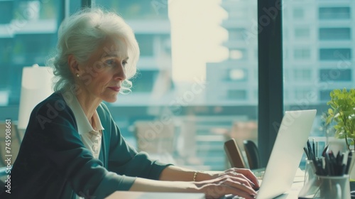 Older lady using her laptop at home. Senior woman surfing online. photo