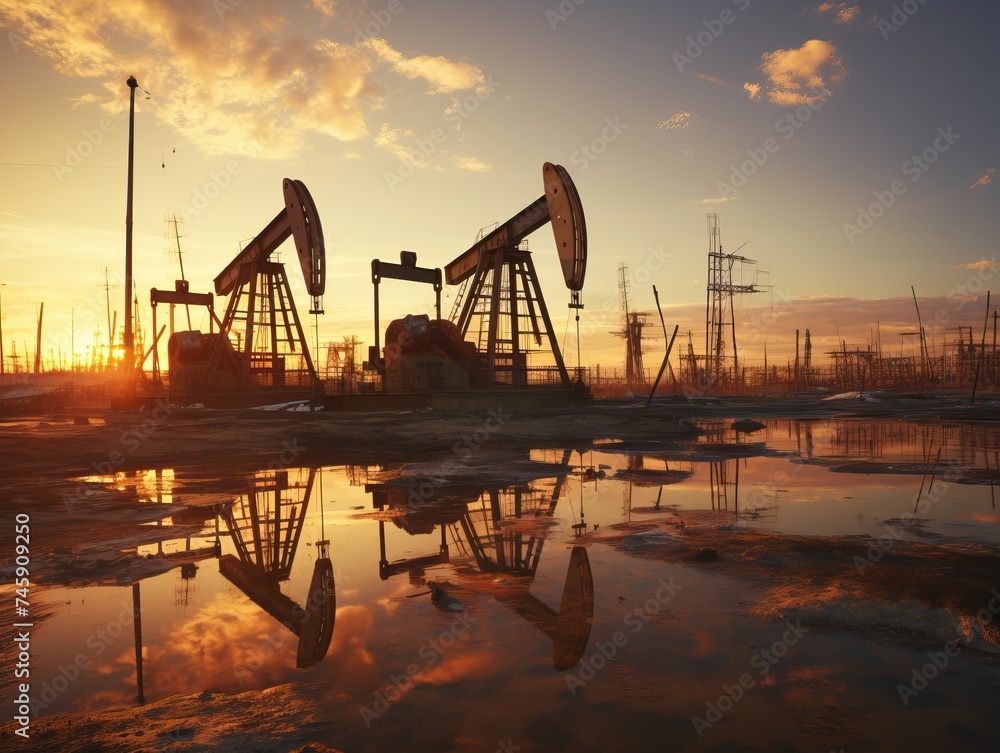 Spectacular view of multiple modern oil rigs illuminated by the warm sunset while actively extracting oil from the ground, indicating industrial activity and natural resource extraction.