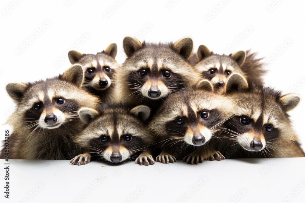 a family of raccoon are standing together in studio light. a family of raccoon are standing together in studio light.