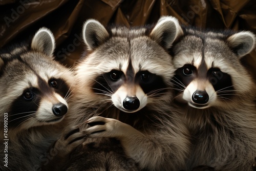 a family of raccoon are standing together in studio light. © Surachetsh