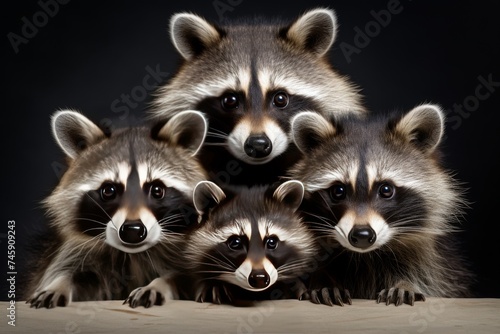 a family of raccoon are standing together in studio light. © Surachetsh