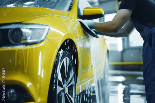 worker at a car wash handdrying and shining a yellow car