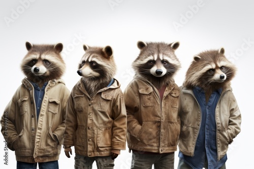 a family of raccoon are standing together in studio light.