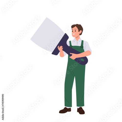 Young man plasterer cartoon character with construction work tool isolated on white background