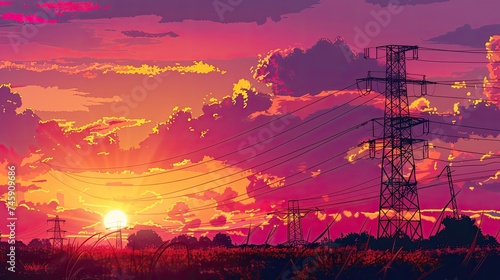 Silhouette of High voltage electric tower on sunset background. Electrical engineer. electrical © Ilmi