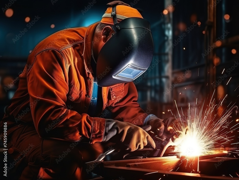 Experienced welder in protective clothing and helmet working in industrial workshop. Concept of skilled labor, manufacturing, and fabrication process. Experienced welder in protective clothing and helmet working in industrial workshop. Concept of skilled labor, manufacturing, and fabrication process.