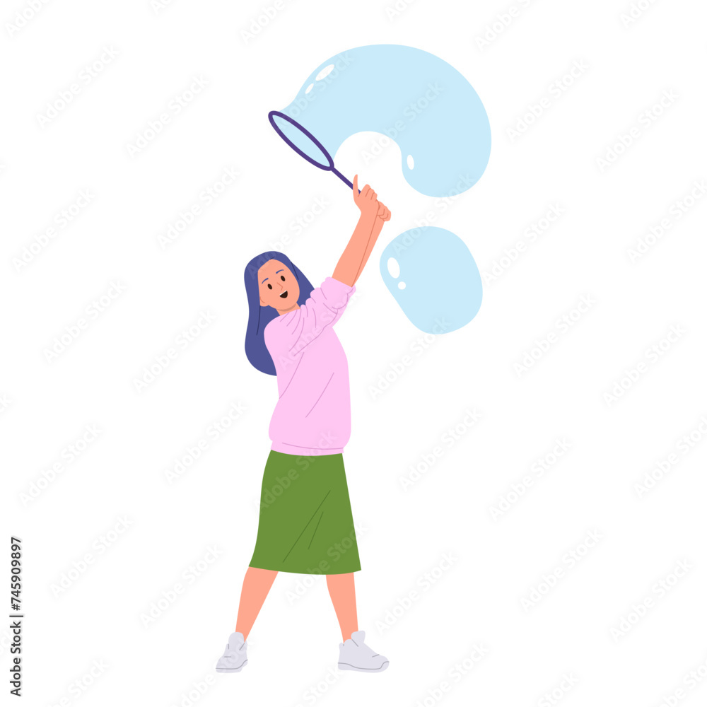 Preteen girl cartoon character playing soap liquid bubbles parting at foam show isolated on white Preteen girl cartoon character playing soap liquid bubbles parting at foam show isolated on white