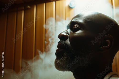 man exhaling deeply with eyes closed in sauna photo