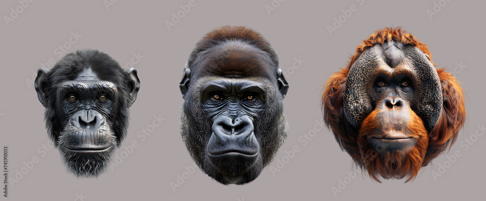 Set with portraits of great apes: gorilla, chimpanzee and orangutan. Illustration on the gray background.	