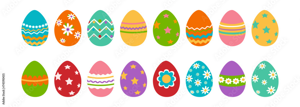 Bright painted isolated Easter eggs. Set of eggs. Cartoon flat style. Traditional religious Easter symbols. Vector illustration. Bright painted isolated Easter eggs. Set of eggs. Cartoon flat style. Traditional religious Easter symbols. Vector illustration.