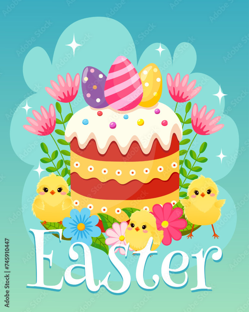 Greeting poster for Easter. Easter background with holiday symbols. Yellow fluffy chickens, colored eggs, Easter cake, spring flowers and herbs. Vector illustration. Greeting poster for Easter. Easter background with holiday symbols. Yellow fluffy chickens, colored eggs, Easter cake, spring flowers and herbs. Vector illustration.