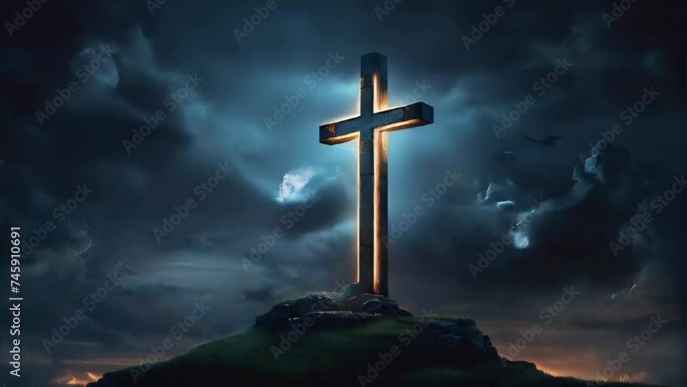 gowing christian cross on a hill at night with cloud waves , easter celebration gowing christian cross on a hill at night with cloud waves , easter celebration