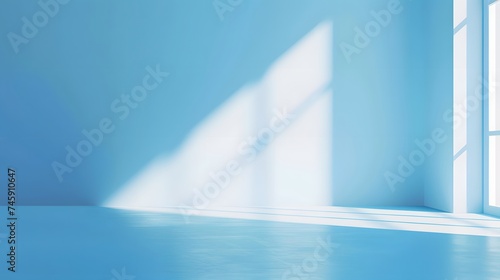 Empty room with blue light shadow and floor. Empty room with Wall Background. Natural shadow overlay on white texture background, for overlay on product presentation, backdrop and mockup