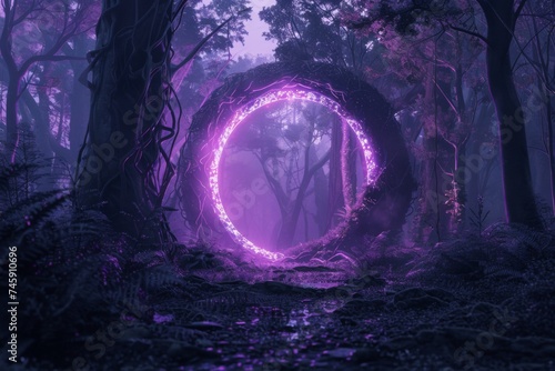 neon circle gate in the forest. cinematic mystical scene. 