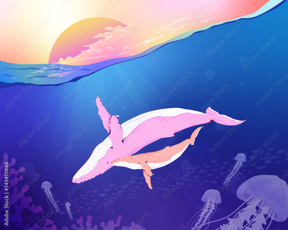 Split View Underwater Shot of Whale and Marine Life Swimming in Ocean 