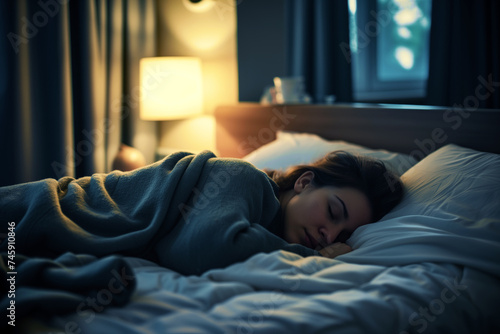 person sleeping in an upscale hotel bed photo