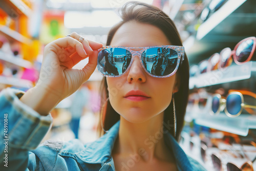 shopper trying on uv protection sunglasses near accessories photo