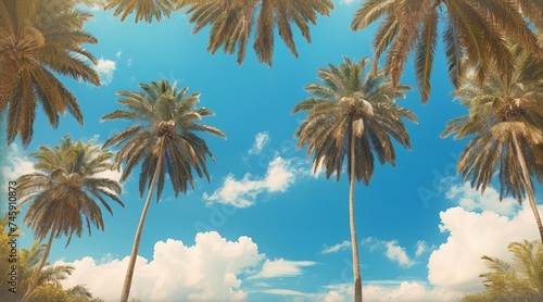 Beneath the Azure Canopy: A Vintage Perspective of Palm Trees Silhouetted Against a Brilliant Blue Sky, Capturing the Timeless Beauty of Nature's Elegance from Below