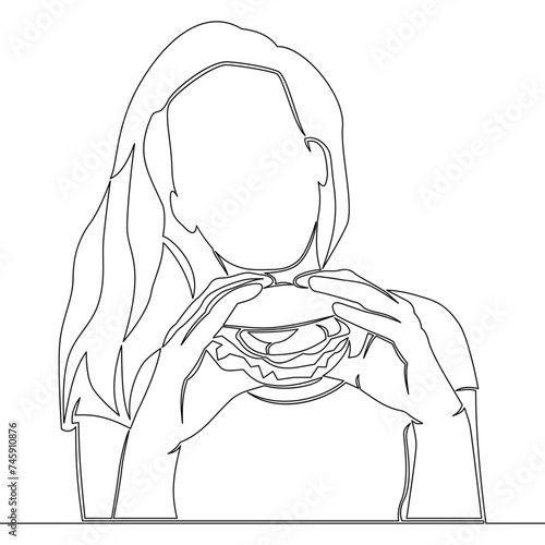Continuous line drawing hungry woman eat burger junk food icon vector illustration concept