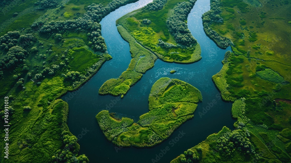 Aerial View of Vast River Delta: Vibrant Green Vegetation Along Meandering Waterways