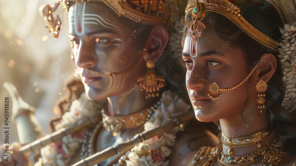A portrait-style depiction of Lord Rama and his wife Sita in a godly avatar. - obrazy, fototapety, plakaty 