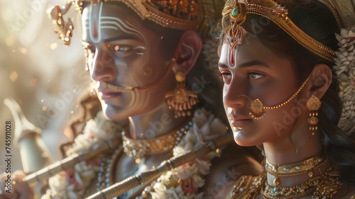 A portrait-style depiction of Lord Rama and his wife Sita in a godly avatar. photo