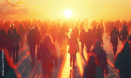 sunset with people's silhouettes on a crowded place. 