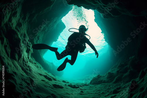 silhouette of a diver against the entrance of an underwater cave