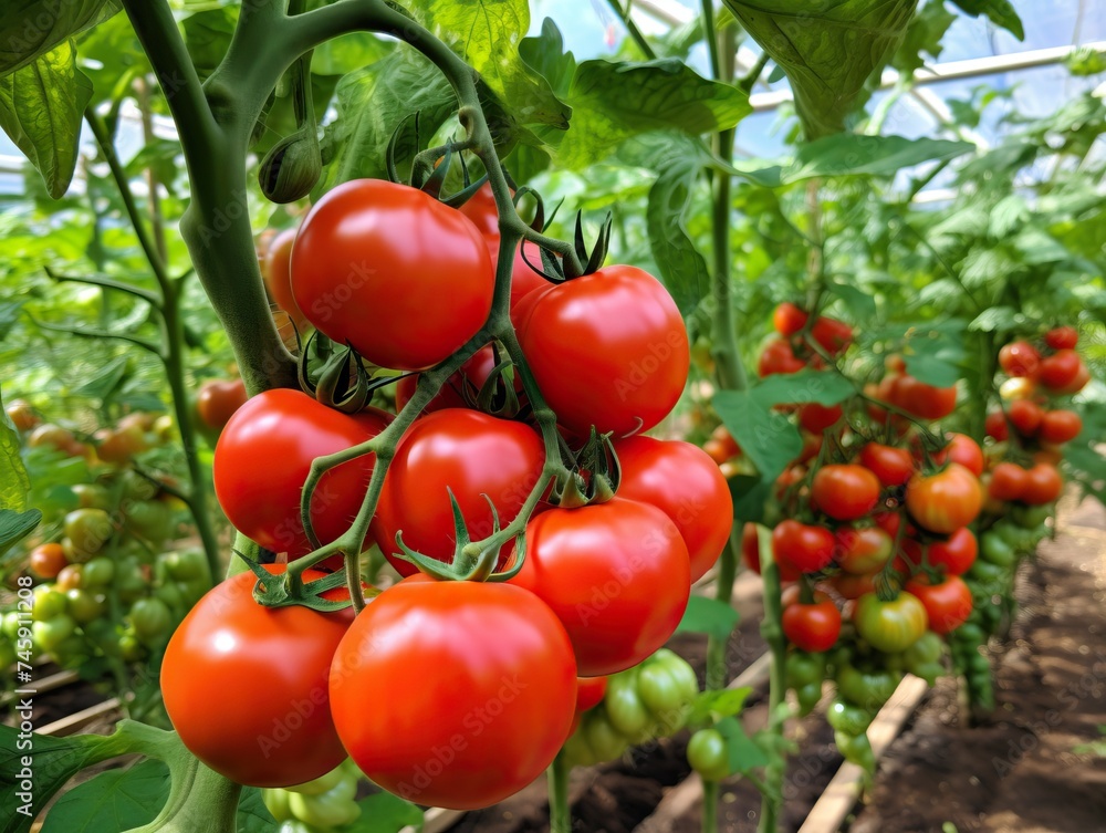 Close-up of a beautiful bunch of luscious, red, ripe greenhouse-grown tomatoes, ready for harvest, with vibrant colors and a healthy shine in a bountiful garden setting.