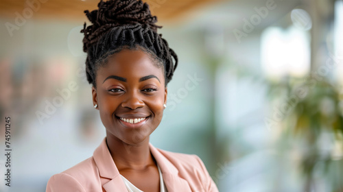 Confident African American Black Business Woman with African Braids Smiling in Peach Suit at Office. Empower Black Woman Leader.