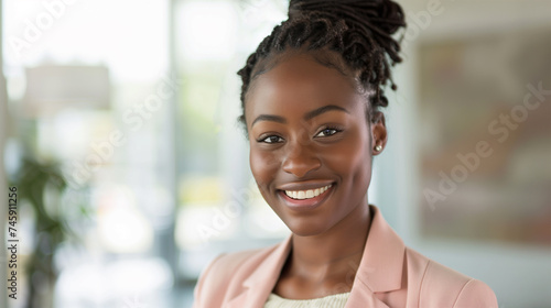 Portrait of a Confident African American Businesswoman with African Braids Smiling in Peach Suit at Office. Empower Black Woman Leader. © LotusBlanc