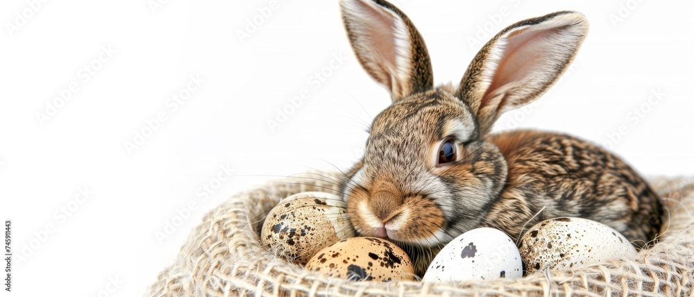 Obraz premium Happy easter concept holiday celebration greeting card - Easter bunny, rabbit, sitting in a basket gift box with many easter eggs, isolated on white background