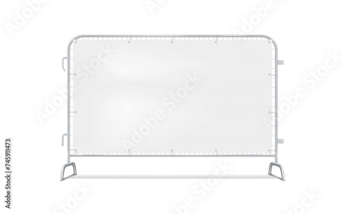 Metal interlocking barricade fence with white blank grommet banner streamer realistic vector mock-up. Steel grid barrier with stretched graphic panel mockup