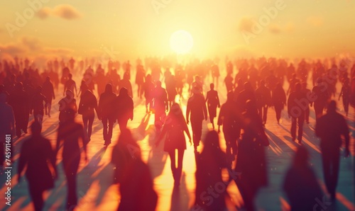 sunset with people's silhouettes on a crowded place. 