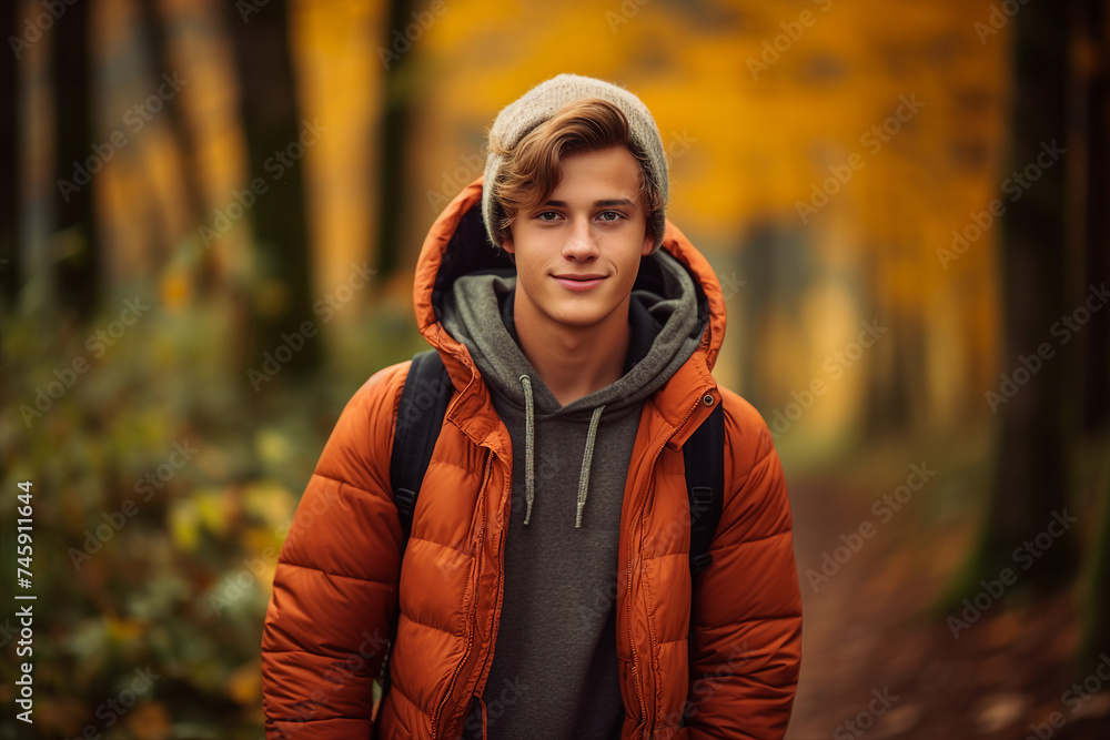Portrait of nice guy young student walking in autumn park enjoying nature generative AI Portrait of nice guy young student walking in autumn park enjoying nature generative AI