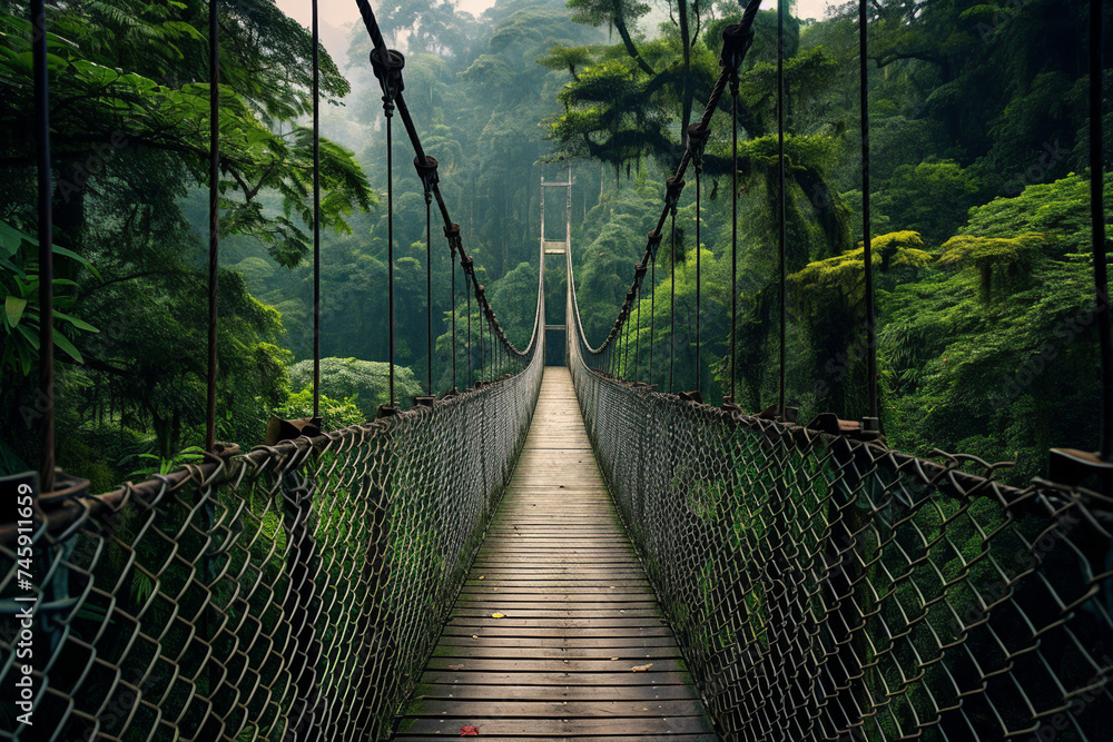 Fototapeta premium A long suspension bridge made of wooden planks extending through a dense forest made with generative AI