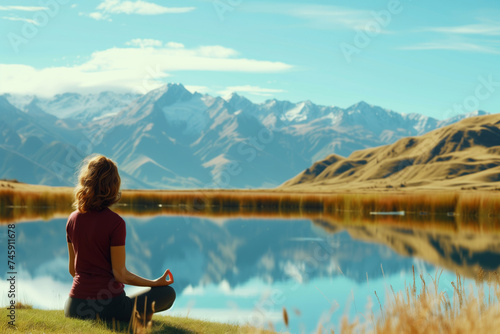 lady meditating by a tranquil lake with mountains behind